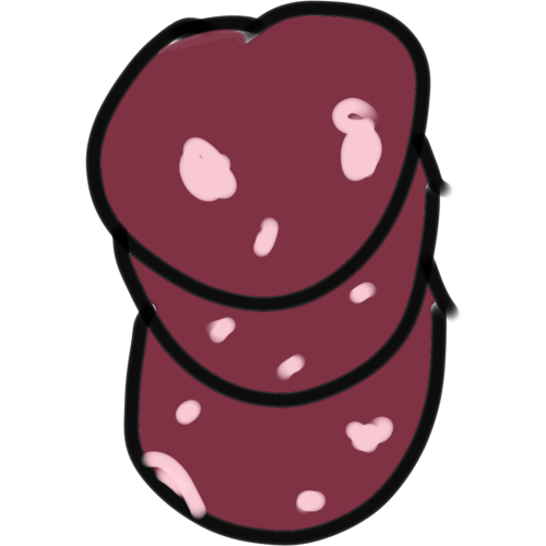 three overlapping slices of circle shaped red sausage with light pink spots